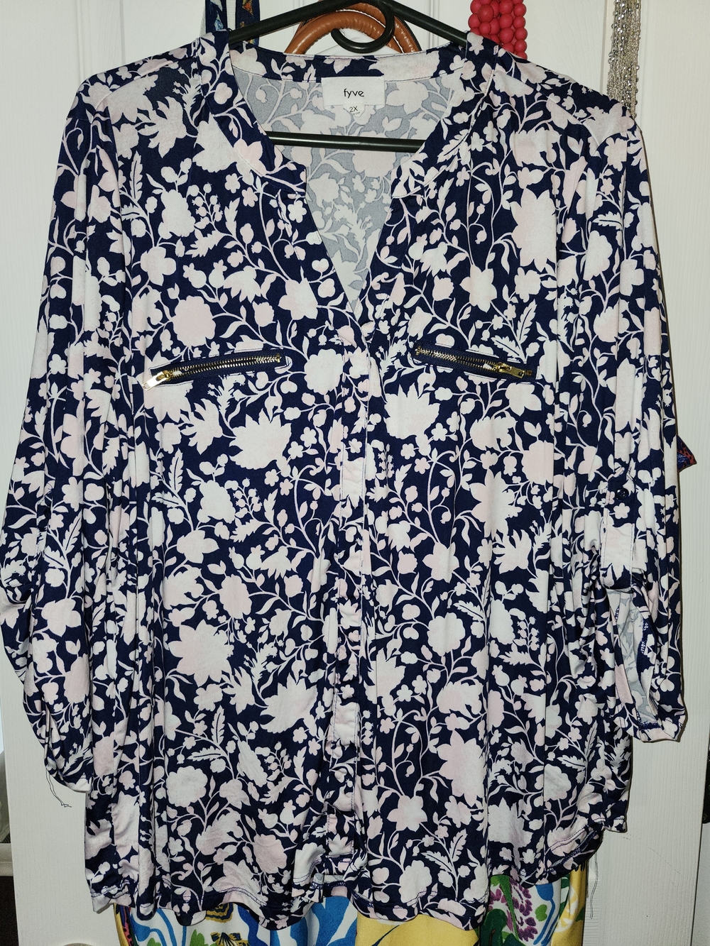Frye Navy and Light Pink Floral Zip-Pocket Blouse